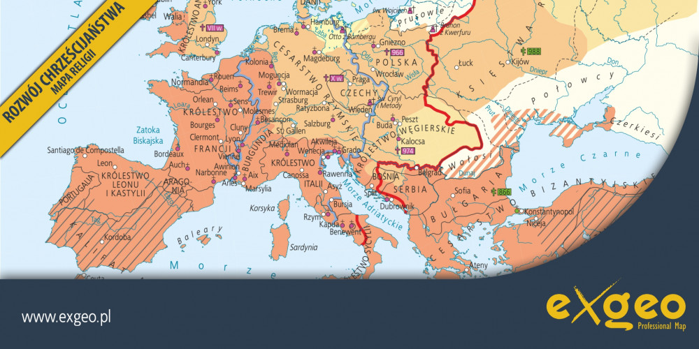 Rozwój chrześcijaństwa, XVI wiek, mapa religii, mapy historyczne, kartografia, usługi ,exgeo