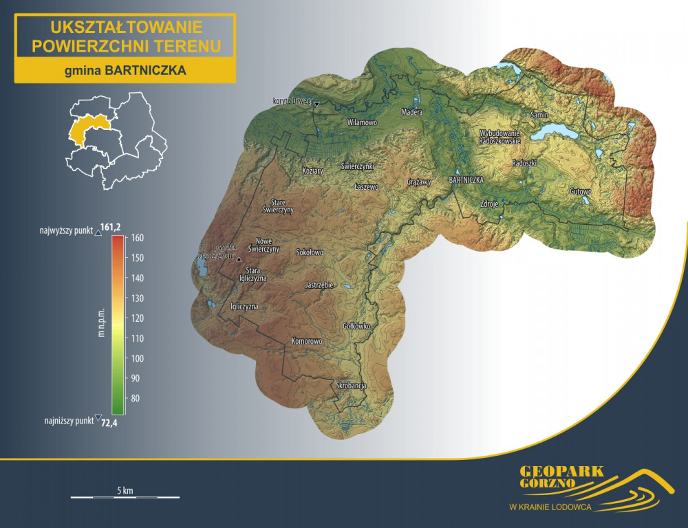 geopark, gorzno, mapa, hipsometria, rzeźba terenu, ukształtowanie powierzchni terenu, Bartniczka