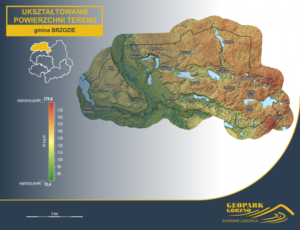 geopark, gorzno, mapa, hipsometria, rzeźba terenu, ukształtowanie powierzchni terenu, Brzozie