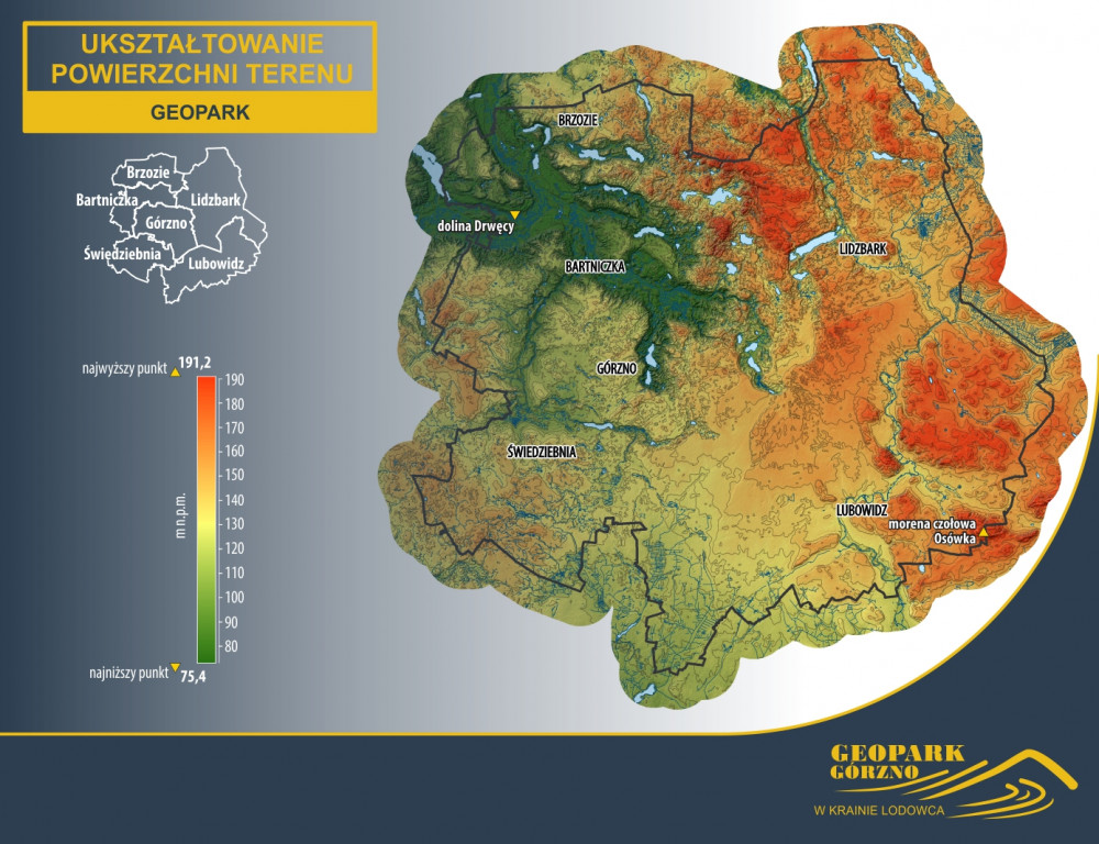 geopark, gorzno, mapa, hipsometria, rzeźba terenu, ukształtowanie powierzchni terenu