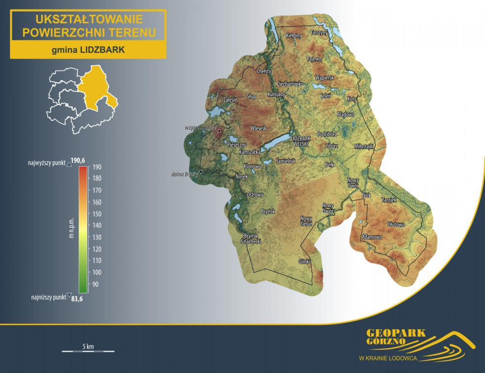 geopark, gorzno, mapa, hipsometria, rzeźba terenu, ukształtowanie powierzchni terenu, Lidzbark