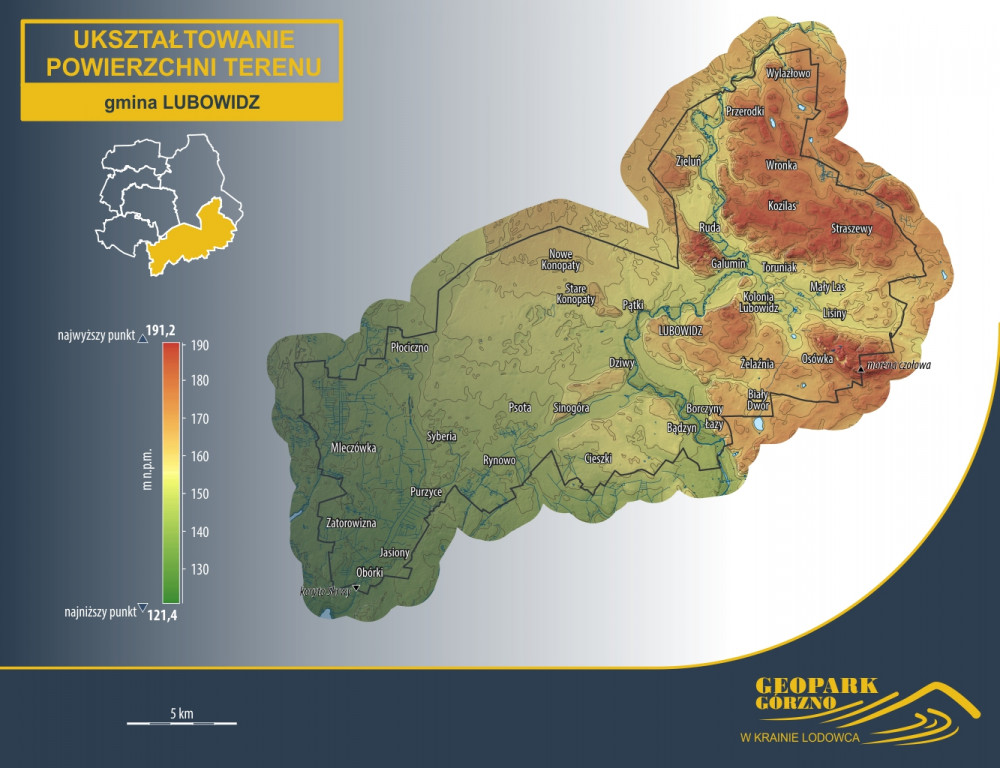 geopark, gorzno, mapa, hipsometria, rzeźba terenu, ukształtowanie powierzchni terenu. Lubowidz