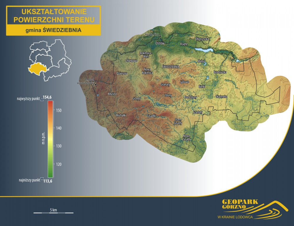 geopark, gorzno, mapa, hipsometria, rzeźba terenu, ukształtowanie powierzchni terenu, Świedziebnia