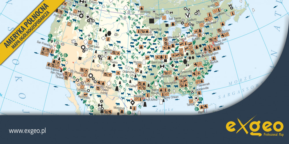 Ameryka Północna, mapa gospodarcza, kartografia ekonomiczna, gospodarka, usługi ,exgeo
