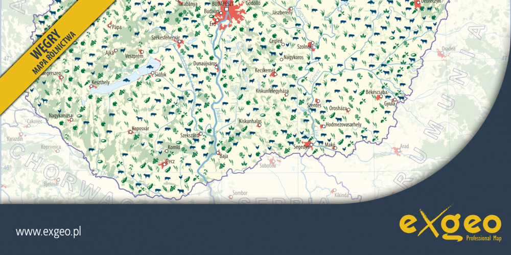 Węgry, mapa rolnictwa, kartografia ekonomiczna, gospodarka, usługi ,exgeo
