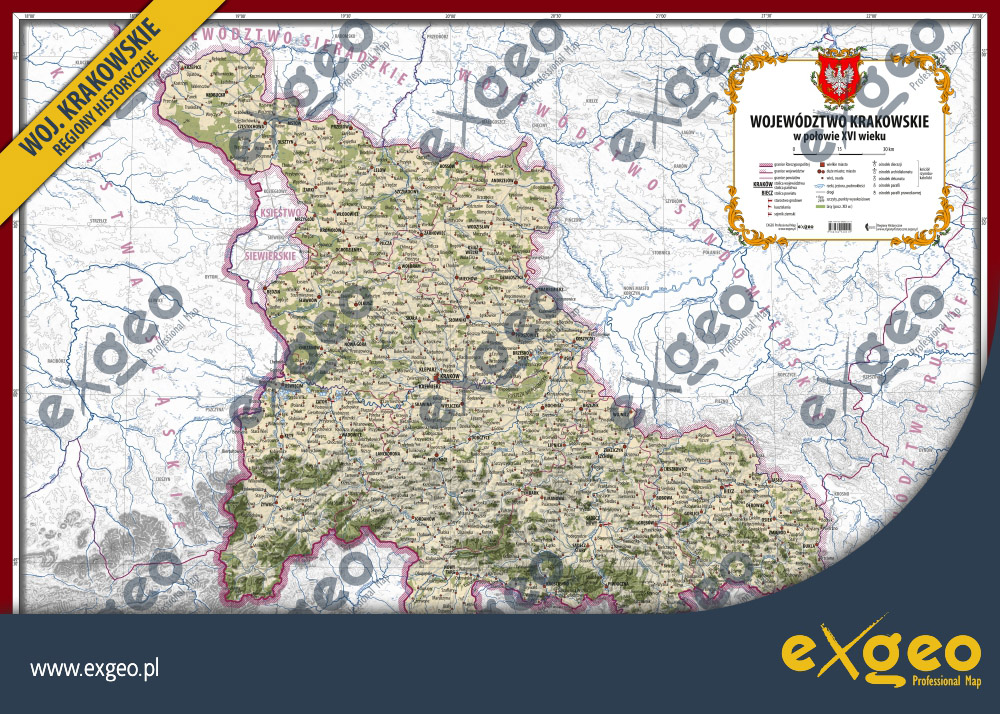 Meta keywords  województwo krakowskie, mapa historyczna, kartografia historyczna, mapa ścienna, mapa szkolna, edukacja, historia, plakaty historyczne, XVI w., XVII w.., XVIII w., mapa administracyjna, mapa hipsometryczna, mapa wysokości bezwzględnych, najwyższy punkt, najniższy punkt, XVI w., XVII w., XVIII w., województwo krakowskie, powiat sądecki, powiat proszowicki, powiat szczyrzycki, powiat lelowski, powiat śląski, powiat biecki, powiat ksiąski, Andrzejów, Będzin, Biecz, Bobowa, Bochnia, Brzesko Nowe, Brzeżek, Chrzanów, Cieszkowice, Czchów, Częstochowa, Dębowiec, Dobczyce, Dukla, Działoszyce, Gorlice, Grębów, Ilmanowa, Limanowa, Jasło, Jaśliska, Jordanów, Kazimierz, Kęty, Kleparz, Kłobucko, Kossów, Koszyczki, Kraków, Kromołów, Krościenko, Krzepice, Książ Wielki, Lanckorona, Lelów, Lipnica, Miechów, Mrzygłód, Mstów, Muszyna, Myślimice, Myślenice, Nowa Góra, Nowy Targ, Ogrodzieniec, Olkusz, Olsztyn, Osiek, Oświęcim, Pilcza, Piwnicza, Proszowice, Przerów, Sądecz Nowy, Nowy Sącz, Sądecz Stary, Stary Sącz, Skała, Skarbimierz, Skawina, Sławków, Słomniki, Szczekociny, Tymbark, Uście, Wadowice, Wieliczka, Włodowice, Wodzisław, Wojnicz, Wolbram, Wolbrom, Zakliczyn, Zator, Żarki, Żarnowiec, Żmigród, Żywiec, mapa lasów, lesistość, zalesienie, mapa gęstości sieci osadniczej, osadnictwo  Meta description  Czym cechuje się mapa? Mapa historyczna województwa krakowskiego w połowie XVI w. stanowi najnowsze opracowanie kartograficzne tego regionu historycznego. Opracowanie mapy zostało oparte o publikowane źródła i prace naukowe, wydane przez polskich historyków na przestrzeni ponad pół wieku. Województwo krakowskie, będące najważniejszym regionem w całej Rzeczypospolitej, nadal stanowi region, którego przeszłość nierozerwalnie należy poznawać z mapa w dłoni. Co znajdziesz na mapie? Mapa województwa krakowskiego zawiera informacje o przebiegu granic administracyjnych – państwa, województw i powiatów. Na mapie oznaczono ponadto stolice państwa, województwa i powiatów a także ośrodki kościołów rzymskokatolickiego (archidiakonatów, dekanatów i parafii) a także ośrodki parafii kościoła prawosławnego. Poszczególne miejscowości, różniące się wielkością połączono siecią głównych dróg i traktów. Proporczyki widniejące przy niektórych miastach, informują o funkcjonowaniu starostwa grodowego, kasztelani lub miejscu odbywania się sejmiku ziemskiego (poselskiego). Podkład mapy stanowi cieniowana rzeźba terenu, szczególnie dobrze widoczna w południowej, górskiej części regionu, sieć wodna oraz pokrywa leśna. Gdzie szukać więcej informacji? W naszym sklepie kartograficznym znajdziesz więcej map historycznych innych regionów dawnej Rzeczypospolitej. Jeśli interesują Cię natomiast szczegółowe wątki historyczne ilustrowane mapami zapraszamy do naszego serwisu popularnonaukowego, gdzie publikujemy  poszerzone informacje na temat poszczególnych regionów Rzeczypospolitej: www.regionyhistoryczne.exgeo.pl.