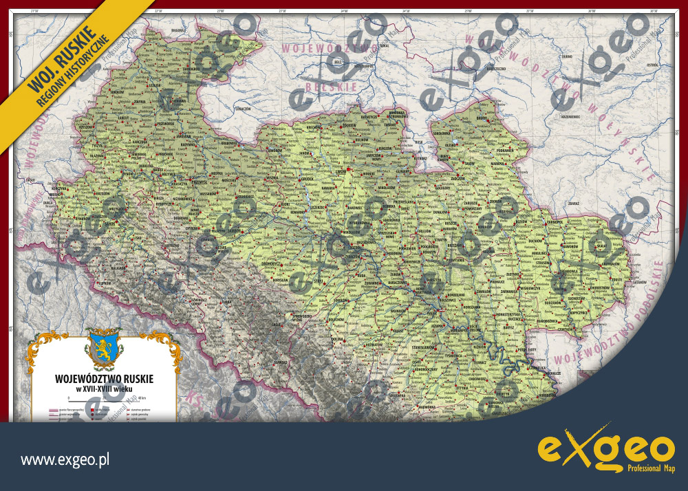 Meta keywords województwo ruskie, mapa historyczna, kartografia historyczna, mapa ścienna, mapa szkolna, edukacja, historia, plakaty historyczne, XVI w., XVII w., XVIII w., mapa administracyjna, podział administracyjny, mapa hipsometryczna, mapa wysokości bezwzględnych, najwyższy punkt, najniższy punkt, osadnicza, mapa gęstości sieci osadniczej, osadnictwo, ziemia sanocka, ziemia przemyska, powiat przemyski, powiat samborski, powiat drohobycki, powiat stryjski, ziemia lwowska, powiat lwowski, powiat żydaczowski, ziemia halicka, powiat halicki, powiat kołomyjski, Józefów, Krzeszów, Tarnogród, Leżajsk, Sokołów, Żołynia, Grodzisko, Sieniawa, Łańcut, Przeworsk, Rzeszów, Jarosław, Tyczyn, Kańczuga, Radymno, Krakowiec, Pruchnik, Krzywce, Przemyśl, Mościska, Bircza, Niżankowice, Rybotycze, Nowe Miasto, Dobromil, Chyrów, Felsztyn, Sambor, Starasól, Ustrzyki, Stare Miasto, Drohobycz, Stryj, Turka, Skole, Błażowa, Jawornik Polski, Dynów, Dubiecko, Babice, Krosno, Brzozów, Dukla, Rymanów, Jaćmierz, Zarszyn, Mrzygłód, Sanok, Tyrawa Wołoska, Nowotaniec, Bukowisko, Lisko, Lesko, Baligród, Jaśliska, Lutowiska, Barysz, Baworów, Bohorodczany, Bołszowce, Bucniów, Buczacz, Budzanów, Bukaczowce, Bursztyn, Chocimierz, Chorostków, Czernelica, Czortków, Delatyn, Grzymałów, Gwoździec, Halicz, Horodenka, Horożanka, Jabłonów, Janów, Jezupol, Kałusz, Kamionka Wielka, Knihynicze, Kołomyja, Kopyczyńce, Kosów, Kozłów, Kułaczkowce, Kuty, Łysiec, Mariampol, Michalcze, Mikulińce, Monastsrzyska, Nadwórna, Niżniów, Obertyn, Ottynia, Peczeniżyn, Podgrodzie, Podhajce, Potok Złoty, Rohatyn, Skałąt, Sołotwina, Stanisławów, Strusów, Suchostaw, Śniatyń, Tarnopol, Tłumacz, Touste, Trembowla, Tyśmienica, Uście Zielone, Wiśniowczyk, Wojniłów, Zabłotów, Zarwanica, Zawałów, Złotniki, Białobożnica, Konkolniki, Martynów Nowy, Biały Kamień, Bolechów, Bóbrka, Brody, Brzeżany, Brzozdowce, Buszcze, Chodorów, Dolina, Dunajów, Firlejów, Gliniany, Gołogóry, Grudek, Janów, Jaryczów Nowy, Jaworów, Jezierna, Kamionka Strumiłowa, Knihynicze, Komarno, Koniuchy, Kozowa, Kukizów, Kulików, Markpol, Mikołajów, Narajów, Nawaria, Olesko, Podkamień, Pomorzany, Przemyślany, Rozdół, Rożniatów, Ruda, Sasów, Sokołów, Sokołówka, Stratyn, Strzeliska Nowe, Szczerzec, Świrz, Wybranówka, Założce, Zarudzie, Zborów, Złoczów, Żółkiew, Żudaczów, Żurawno, Kutkorz, Podwysokie, Rakowiec, Sokołówka, Tadanie, Żurów, Chełm, Gorzków, Izbica, Krasnobród, Krasnystaw, Luboml, Opalin, Pawłów, Ratno, Rejowiec, Sawin, Skierbieszów, Szczebrzeszczyn, Tarnogóra, Turobin, Uchanie, Wojsławice, Zamość, Żółkiewka   Meta description Mapa województwa ruskiego w XVII-XVIII w. to oryginalne opracowanie kartograficzne, które nie posiada swojego odpowiednika w żadnym innym wydawnictwie. Sam region zasługuje na szczególną uwagę z racji swoich rozmiarów jak i ważnej roli gospodarczej w Rzeczypospolitej. Mapa została przygotowana w oparciu o publikowane opracowania naukowe, wydawane na przestrzeni ostatnich dekad w Polsce. Warto aby każdy miłośnik historii regionalnej posiadał w swojej kolekcji to opracowanie i razem z nim poznawał historię dawnych Kresów. Jakie informacje znajdziesz się na mapie? Na mapie zawarto informacje dotyczące przebiegu granic administracyjnych (państwa, województw, ziem i powiatów), oznaczono stolice województwa, ziem i powiatów a także ośrodki kościoła rzymskokatolickiego (diecezji, archidiakonatów, dekanatów oraz parafii). Poszczególne miasta, wsie i osady zaprezentowano na tle ówczesnej, zrekonstruowanej sieci drogowej i rozróżniono pod względem wielkości. W przypadku niektórych miast umieszczono obok nich proporczyki oznaczające starostwa grodowe, miejsca odbywania się sejmików generalnych oraz poselskich (ziemskich). W podkładzie mapy znajdziemy ukształtowanie powierzchni terenu z licznymi szczytami tej części Karpat oraz hydrografię. W naszym sklepie kartograficznym znajdziesz więcej map historycznych innych regionów dawnej Rzeczypospolitej. Jeśli interesują Cię natomiast szczegółowe wątki historyczne ilustrowane mapami zapraszamy do naszego serwisu popularnonaukowego, gdzie publikujemy  poszerzone informacje na temat poszczególnych regionów Rzeczypospolitej: www.regionyhistoryczne.exgeo.pl.