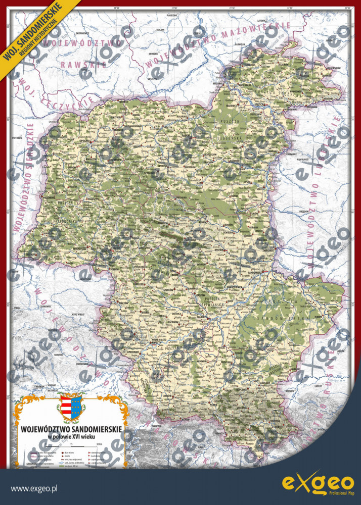 województwo sandomierskie, mapa historyczna, kartografia historyczna, mapa ścienna, mapa szkolna, edukacja, historia, plakaty historyczne, XVI w., XVII w.., XVIII w., mapa administracyjna, mapa hipsometryczna, mapa wysokości bezwzględnych, najwyższy punkt, najniższy punkt, XVI w., XVII w., XVIII w., Czym cechuje się mapa?  Województwo sandomierskie w połowie XVI w. opracowane zostało jako barwna mapa przeglądowa, bazująca na wynikach badań opublikowanych przez polskich historyków na przestrzeni ostatnich kilkudziesięciu lat.   Dzięki nowoczesnym narzędziom geoinformacyjnym zobrazowano ukształtowanie powierzchni terenu, zachowując spójność i przejrzystość informacji historycznej. Mapa stanowi znakomite narzędzie i pomoc w poznawaniu nowożytnej historii ziemi sandomierskiej i warto aby znalazła się w bibliotece pasjonatów historii Polski.   Co znajdziesz na mapie?  Na mapie województwa sandomierskiego zawarto informacje o przebiegu granic administracyjnych – państwa, województw i powiatów. Ponadto oznaczono miejscowości pełniące funkcje administracyjne, w tym stolice województwa oraz poszczególnych powiatów. Miejscowości zróżnicowano pod względem pełnionej funkcji w administracji kościoła rzymskokatolickiego, oznaczając ośrodki archidiakonatów, dekanatów oraz parafii. Poszczególne miejscowości sklasyfikowano pod względem wielkości i połączono siecią głównych dróg i gościńców. Widoczne przy niektórych miasta proporczyki informują o funkcjonowaniu starostwa grodowego, kasztelani lub miejscu odbywania się sejmiku generalnego lub partykularnego (ziemskiego). Treść topograficzną mapy stanowi oraz cieniowanej rzeźby terenu, uwydatniającej główne rysy rzeźby terenu, hydrografia oraz rozmieszczenie lasów.    Gdzie szukać więcej informacji?  W naszym sklepie kartograficznym znajdziesz więcej map historycznych innych regionów dawnej Rzeczypospolitej. Jeśli interesują Cię natomiast szczegółowe wątki historyczne ilustrowane mapami zapraszamy do naszego serwisu popularnonaukowego, gdzie publikujemy  poszerzone informacje na temat poszczególnych regionów Rzeczypospolitej: www.regionyhistoryczne.exgeo.pl.