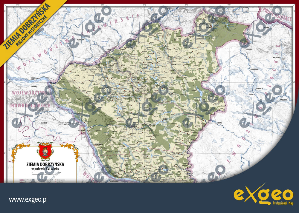 Meta keywords Ziemia dobrzyńska, mapa historyczna, kartografia historyczna, mapa ścienna, mapa szkolna, edukacja, historia, plakaty historyczne, XVI w., XVII w., XVIII w., mapa hipsometryczna, mapa wysokości bezwzględnych, najwyższy punkt, najniższy punkt, XVI w., XVII w., XVIII w., ziemia dobrzyńska, powiat dobrzyński, powiat lipnowski, powiat rypiński, Górzno, Rypin, Dobrzyń, Skępe, Lipno, Nieszawa, Dobrzyń, puszcze, lasy, lesistość, udział lasów w powierzchni, rozmieszczenie lasów   Meta description Czym cechuje się mapa? Mapa ziemi dobrzyńskiej w połowie XVI w.  stanowi nowe, autorskie spojrzenie kartograficzne na ten piękny region historyczny. Przeszłość ziemi dobrzyńskiej ciągle stanowi wciągająca opowieść a dzięki mapie można sobie ją lepiej wyobrazić i zrozumieć. Mapa została opracowana na podstawie opublikowanych prac naukowych dotyczących regionu, które ukazały się na przestrzeni ostatnich dekad. Nowoczesna kartografia bazująca na danych przestrzennych pozwoliła w innym świetle spojrzeć na nowożytną historię tego regionu. Co znajdziesz na mapie? Na mapie zawarto informacje dotyczące przebiegu granic administracyjnych (państwa, województw i powiatów), oznaczono stolice ziemi i powiatów a także ośrodki kościoła rzymskokatolickiego (archidiakonatów, dekanatów oraz parafii). Miejscowości przedstawiono na tle ówczesnej, zrekonstruowanej sieci drogowej, klasyfikując je pod względem wielkości. Przy kilku miastach znajdują się proporczyki oznaczające starostwa grodowe lub miejsca odbywania się sejmików poselskich (ziemskich). W podkładzie mapy znajdziemy ukształtowanie powierzchni, hydrografię oraz pokrywę leśną. Gdzie szukać więcej informacji? W naszym sklepie kartograficznym znajdziesz więcej map historycznych innych regionów dawnej Rzeczypospolitej. Jeśli interesują Cię natomiast szczegółowe wątki historyczne ilustrowane mapami zapraszamy do naszego serwisu popularnonaukowego, gdzie publikujemy  poszerzone informacje na temat poszczególnych regionów Rzeczypospolitej: www.regionyhistoryczne.exgeo.pl.